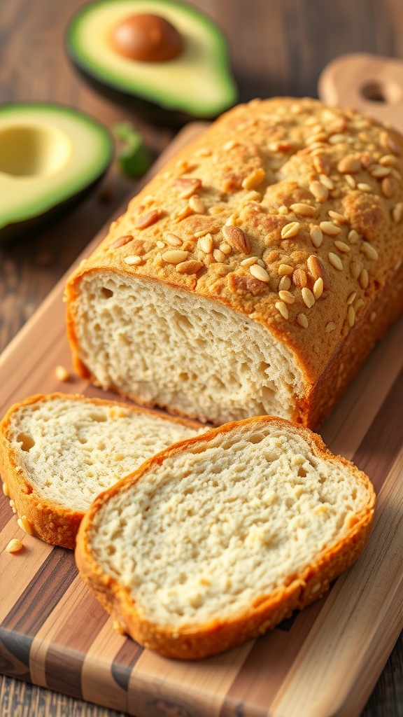 A loaf of quinoa bread with slices showing its airy texture, placed on a wooden board next to avocado and almond butter.